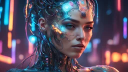 A strikingly stunning woman in the Cyberpunk era, her features rendered in high-resolution detail that can be seen in 4K quality. This portrait captures her cybernetic enhancements with intricate metallic filigree seamlessly integrated into her skin, glowing neon circuitry tracing delicate patterns along her face and arms. The digital painting is vibrant and futuristic, emphasizing the contrast between her fragile human form and advanced technological enhancements. The attention to detail and co