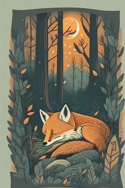 in a cosy vintage style, a fox sleeps in a forest