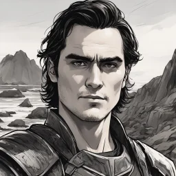 A portrait of Joaquin Phoenix in his early 30s, long beachy haircut, black hair, on a rocky island, in ebony armor from Skyrim, melancholic and dangerous facial expression, half-smiling, drawn in the style of ink manga sketch