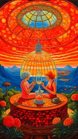 full shot of happy dandys drinking in a floating glass dome, dreamlike atmosphere, in the background the landscape burns like hell, in the style of Giacomo balla