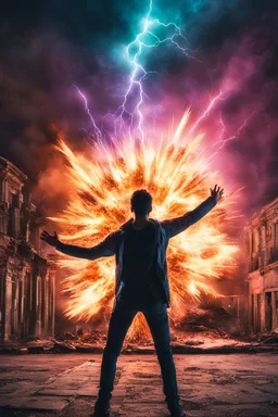 Young man standing, with arms raised, in front of a building that is exploding at night, with coloured auras and lightning around him