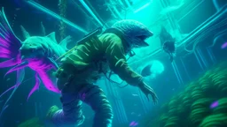 cyberpunk, A dramatic, action-packed photograph of a Mycteroperca brevicarpalis chasing and capturing its prey in a dynamic, underwater scene, pastel, soft tones, vaporwave, neon colors, science fiction, detailed scene