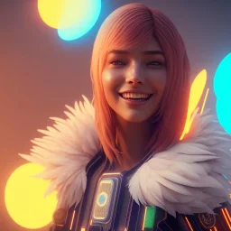 A beautiful portrait of a cute cyberpunk woman smiling facing camera orange color scheme, high key lighting, volumetric light high details with white stripes and feathers unreal 5, octane render, cinema4d, dynamic lighting, dramatic lighting, 4k, redshift render, highly detailed, hyper realistic