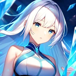 8k, Girl, high quality, detailed, white hair, blue eyes, beautiful lighting, ice magic