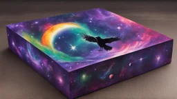 a box 10 cm long by 5 cm wide and 25 cm high, drawn on a box on all sides, space, tress, planets, crow galaxies a lot of colours purple, green and red, portal in the sun, realistic