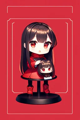 a full-body shot of a woman with long brown hair, red eyes, with a 'bad girl' vibe wearing black and red leather, ((Chibi anime doll style)), on a circular doll figurine stand, intricately detailed, splash art background