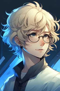 head and shoulders, human young adult, curly blond short hair, glasses, scientist, anime style, sci-fi