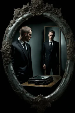 the camera see a man and mirror, the man see yourself or others in mirror, surreal mood, cracked glass, metal, cold and dark colors, nightmare, other side, monster, shadows, sinister, dark dream, high detailed, sharp focus, masterpiece