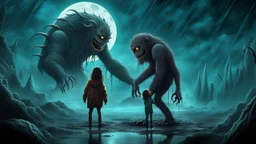gentle, protective monster protects and hugs the alone sad child against bad high dark evil people, random background random, deep dark color, , moon, mist, rain, highly detailed, weird , surreal dark fantasy mood style like T. Burton