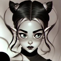 Illustration of a mesmerizing girl obscured by hair and with elf-like ears, depicted in the aesthetics of film noir, anime, and astonishing beauty, portrayed with dark, monochromatic minimalist art, infused with pop art sensibilities and animated gifs, reminiscent of Sailor Moon style, presented in an ultra-high-definition graphics format