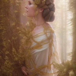 hyperspace background, complete and photo realistic detailed head to waist stunning photo realistic portrait of carrie fisher as Princess Leia in star wars with photo realistic updo hair by Mandy Jurgens and mucha and Richard Schmid and chuck close and chie yoshii, extraordinary and detailed ceremony dress of star wars,brown eyes