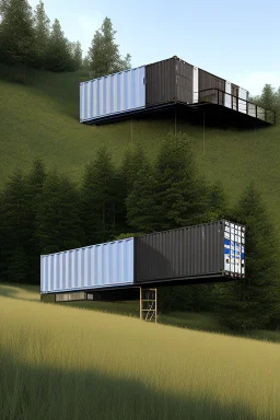 Medium-sized modern house made from shipping containers, on a hill overlooking the woods, photorealistic