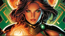 Armageddon. ragnarok. molten lava. 18 year old female sorcerer. fantastic beautiful emerald eyes. green and orange fire. Mark Brooks and Dan Mumford, comic book art, perfect, smooth