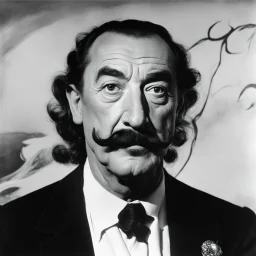 Salvador Dali a de longues moustaches, il a une immense toile barbouillée derrière lui