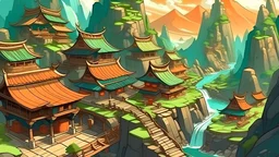 fantasy cartoon style illustration: Chinese mountain village