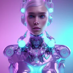 A detailed portrait of a crystalised robotic women, atmospheric, realistic, unreal engine, cinematic lighting, octane render, transoarent, pink turquoise light