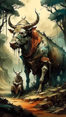 A bull or a horse with a wooden totem with spikes on it, in the middle of the forest. Opposite is a tree with a green-skinned man on it., by Ryohei Hase, Agnes Cecile, Raymond Swanland, Anne Bachelier