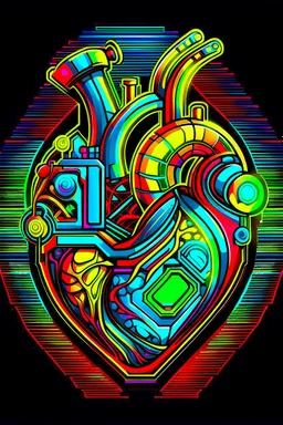 FLAT VECTOR LAYERED 2-D MULTICOLORED COMPLIMENTARY NEON MECHANICAL HUMAN HEART, METALLIC,