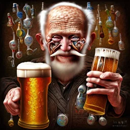 an abstract painting of an old man with beer, mixed media, textured, anatomically correct, highly detailed