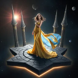 A breathtaking cosmic fantasy scene featuring a stunningly realistic beautiful woman with a perfect face and sculpted figure standing gracefully at the center of a floating geometric platform in deep space. She wears an elegant flowing gown in vibrant gold and blue hues that billow around her perfect form. The platform is constructed from dark cobblestone-like blocks arranged in a star shape. Surrounding her are magnificent CIFI towers like structures,satelights