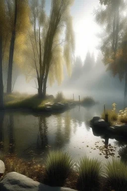 Circle pond, soft fog, with light breaking through, tall white birch trees, and a stone path flanking both sides of the pond going up to a gazebo, mystic fantasy genre