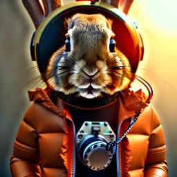 Rabbit toddler, smile, steampunk headphone, sunglass, gangsta neckless, full body, orange puffer jacket, tokio background, dramatic lighting, hyper realistic, unreal engine 5, 16k