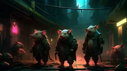 del cuento de "los 3 cerditos" recrea una escena significativa con estilo ciberpunk