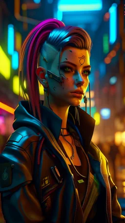 (Photorealistic:1.4) image of a cyber punk girl, (top-quality, 8K, 32K, masterpiece), (dynamic pose), ((facing camera)), (looking at camera), cowboy shot, shapeless hair, colorful hair, colorful cyberpunk clothing, depth of field f/1.8, cyberpunk city background, cinematic lighting.