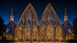 futuristic fantastic symmetrical cathedral external view in peaceful parkland, year 2160, night, darkness, beautiful, colorful, totally symmetrical design, style Antoni Gaudí, style Shigeru Ban, innovative architecture, award-winning photograph, awesome, serene, inspiring, spiritual, impressive, Cinematic lighting, Epic composition, Photorealism, Very high detail, Unreal Engine, Octane render, HDR