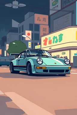 8 bit style Cartoon Porsche 911 gts rs in tokyomake 16:9 aspect ratio horiztontal