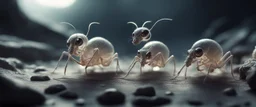close up on dented glowing transparent ant skeleton rat babies, raised by ninja necromancer in the wild, in surreal reflecting stone chrome landscape