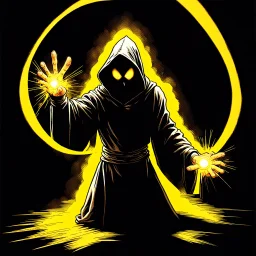 90's TCG art retro fantasy art of a faceless hooded figure blasting yellow light beams out of hands