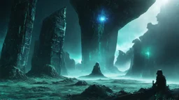 few tiberium monolith deposits on the planet with a space trees on the left and right side, matrix codes and the back ground of the angels siting monolith made of tiberium