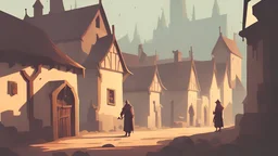 a painting of street in medieval dark fantasy farm, DISCIPLES II, Nevendaar, dark fantasy, gothic, gloomy :: bright weather, daylight, rainy day, foggy, medieval fahwerk village :: traditional architecture, dark fantasy scene painting :: a storybook illustration by James Gilleard, behance contest winner, 2d game art, storybook illustration, rich color palette