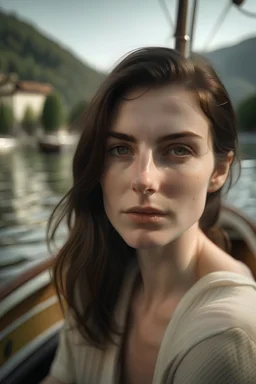 beautiful brunette woman, hazel eyes, pale skin, no makeup, freckles, sitting in a boat, in lake como, italy, photorealistic, 8k, highly detailed, soft lighting