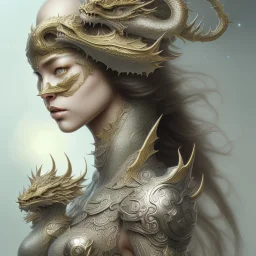 sango fantasy, fantasy magic, intricate, sharp focus, illustration, highly detailed, digital painting, concept art, matte, artgerm and paul lewin and kehinde wiley, masterpiece silver dragon head golden Asian nice breast Afo woman black waves