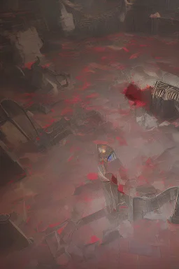 Broken temple with the floor covered in blood