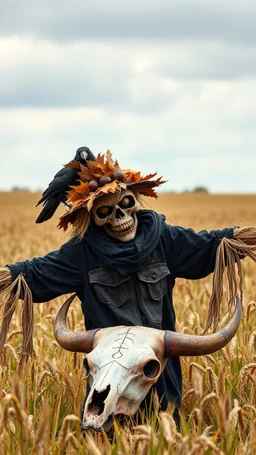 scarecrow with ugly scary face wearing a leaves hat and black clothes in by field of barely , crow is standing on his shoulders and a bull scull on the ground