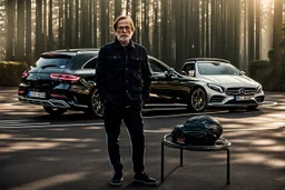 Foto aus dem Jahr 2020, typischer Mercedes-Benz-Fahrer steht stolz neben seinem Mercedes Shooting Brake