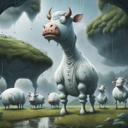 far in the distance five big crepy-cute weird creatures stand on four legs on eart , on tube heads is one giant eye , gray-white-pale blue color skin, with big cow udders on the belly between their legs,, without ears ,peacefully grazing the grass, background is a jungle, rain, detailed, sci-fi, fantasy, cinematic