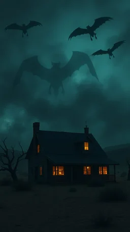 A house in the desert at nigh with a scary sky filled with flying giants shadows creatures above in foggy skies and dim lights coming out of the windows of the house , a very scary scene out of this world