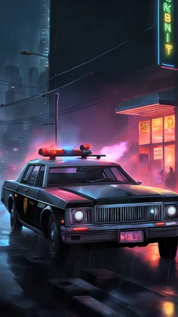 A noir bank heist, background scene from Los Angeles, concept art, ultra realistic, 8 k, painting, highly detailed, sci -fi, neon, rain, guns, firearms, robbery, a police car burning