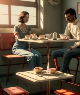 Realistic scene, man and woman sitting in cafeteria and having breakfast levitating, Wes Anderson, soft color, highly detailed, unreal engine 5, ray tracing, RTX, lumen lighting, ultra detail, volumetric lighting, 3d, finely drawn, high definition, high resolution.