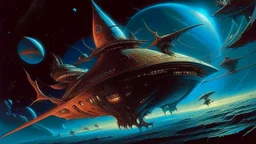 "Envision a space fighter, inspired by the surrealistic whimsy and intricate detail of Rodney Matthews' artwork. Amid the cosmos shimmering with alien hues, the warrior navigates among the starlit void, cloaked in a spacecraft as unpredictable and vivid as a dream. It is a paradox of delicate fantasy and formidable technology, its silhouette pulsing with extraordinary power yet draped with cosmic elegance. Capture this enigma, this tamer of untamed galaxies, through the prism of Matthews'