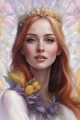 Young godess flora straight blond hair flauers mimosa tulip futuristic beautiful smile attractive flauers mimosa tulip lavender daffodil Stunning floral redhead painted anime & klimt style glamorous beautiful colourful dreamy awesome elegant elaborate complex detailed empress with a crystal crown sitting on big gold pillows
