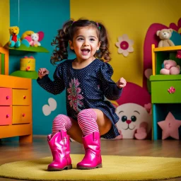 a 4 years old azeri girl in modern clothing and makeup dancing with cute and joy with pertty boots in a baby bedroom