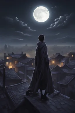 stile relistico, personaggio furtivo sui tetti, notte, chiaro di luna