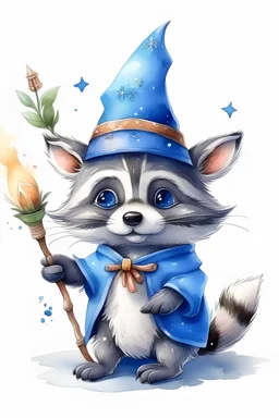 Create a watercolor clip art image with a white background of 3D baby raccoon as wizard