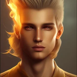 Male, Human, Blond, Sorcerer, Fire Mage, Golden Eyes, Young, Photorealism, Full Body Shot, Forest Background