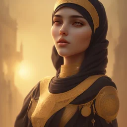 Arab young woman ,Arabic features، cute, beautiful, black eyes,Natural contours, real skin ,Modest Arabic style dress، head and shoulders portrait, cinematic, 8k, resolution concept art portrait by Greg Rutkowski, Artgerm, WLOP, Alphonse Mucha dynamic lighting hyperdetailed intricately detailed